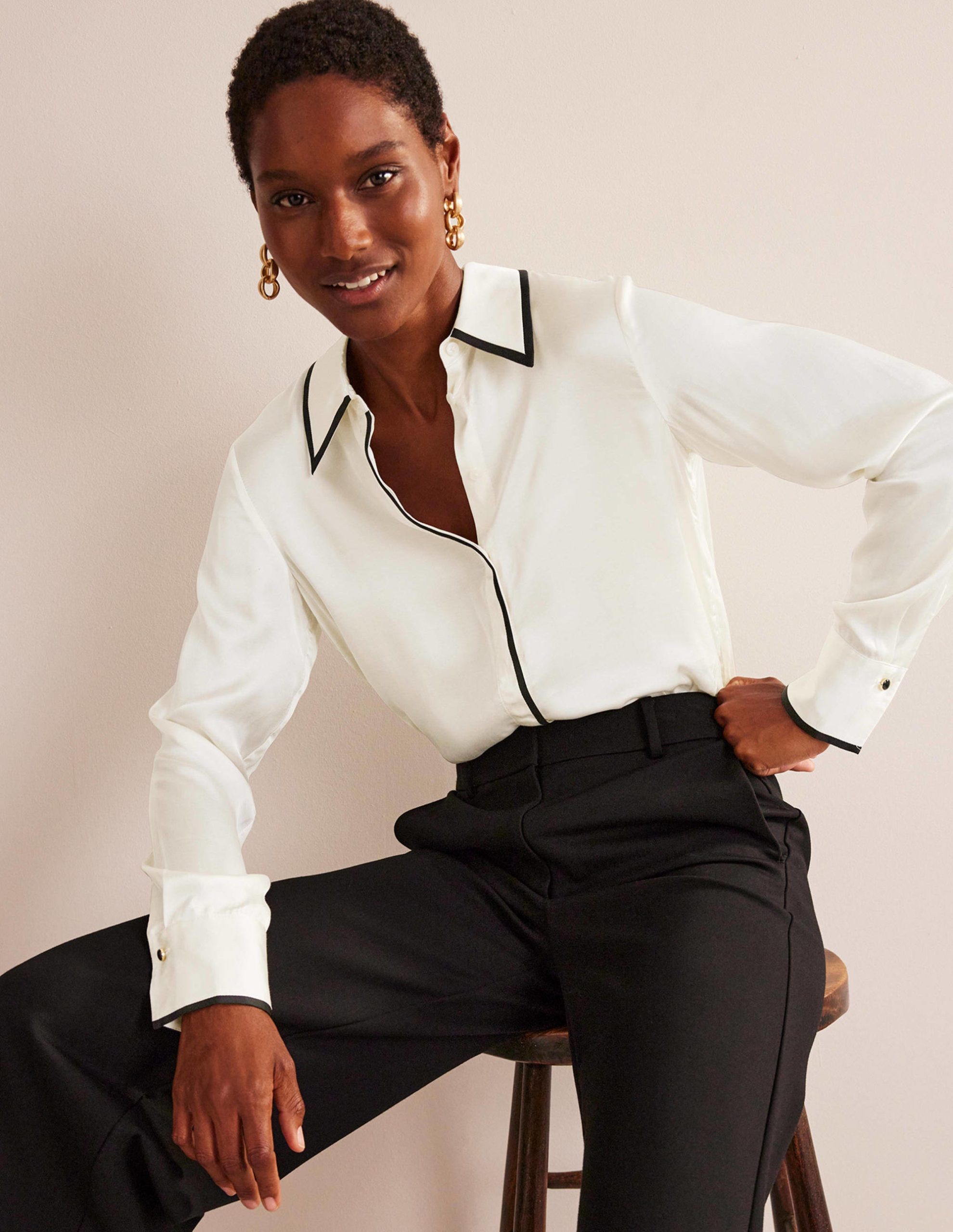 Straight Satin-Tipped Shirt-Ivory. Black - Image 4