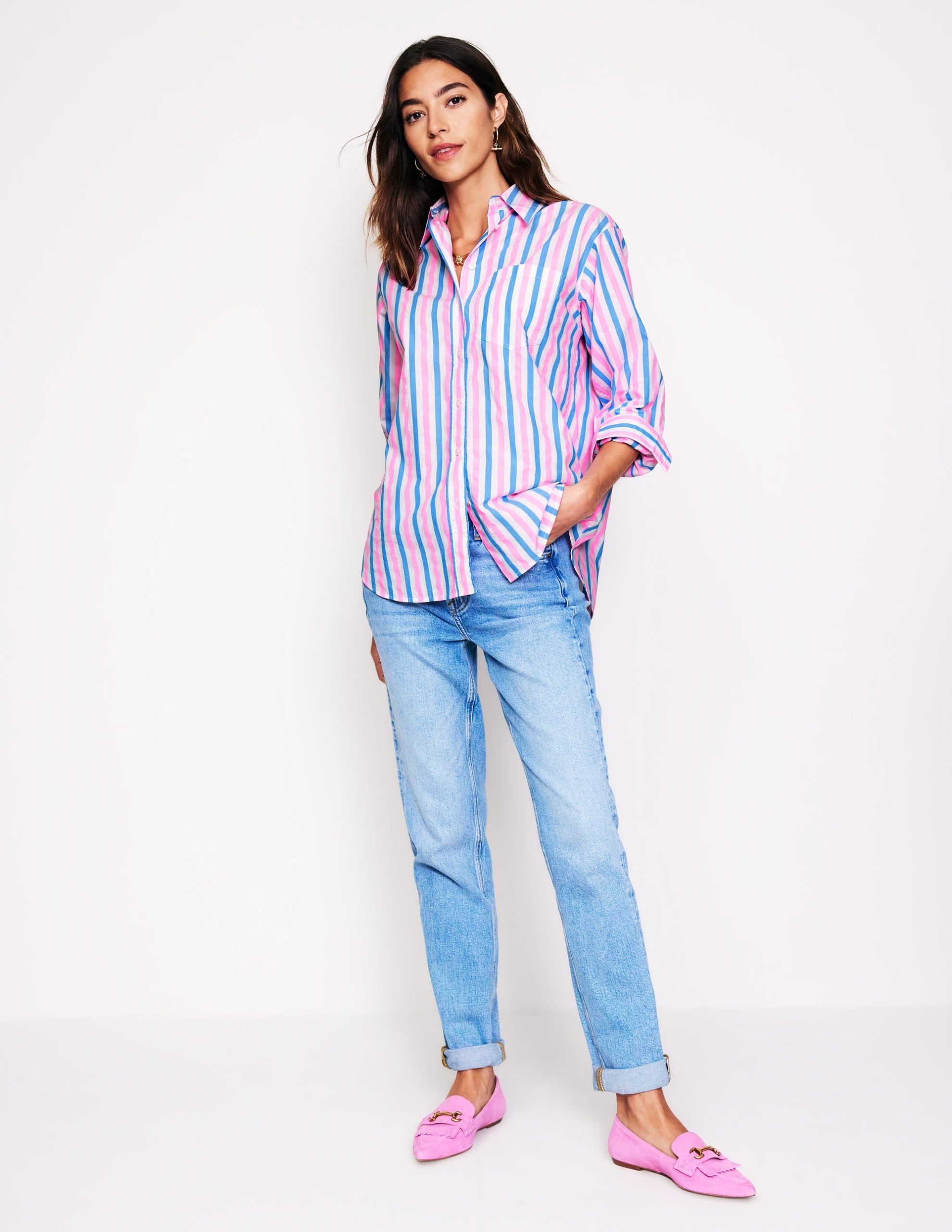 Connie Relaxed Cotton Shirt-Blue and Neon Pink Shirting - Image 4