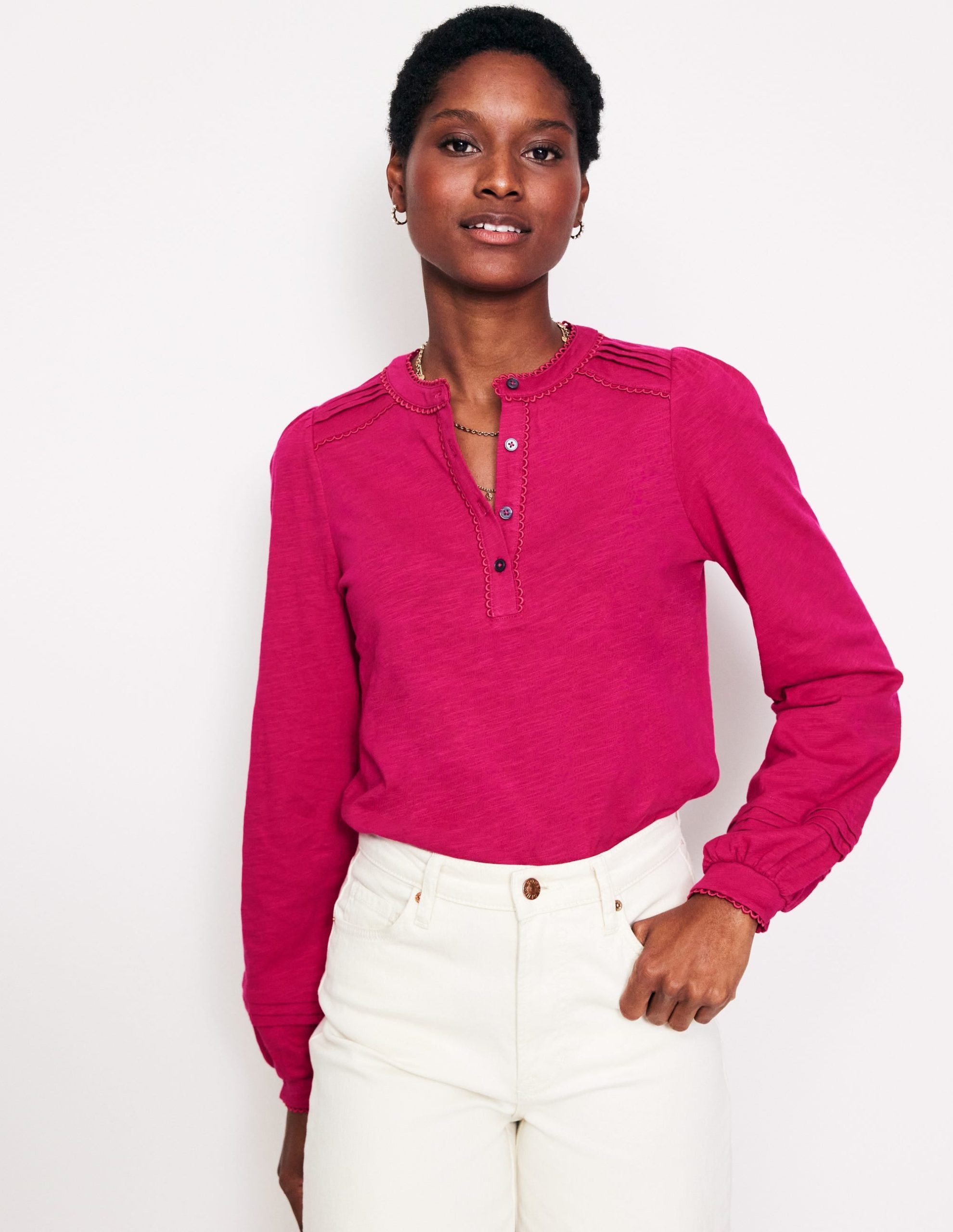 Henrietta Pintuck Henley Top-Cherry Jam - Image 2