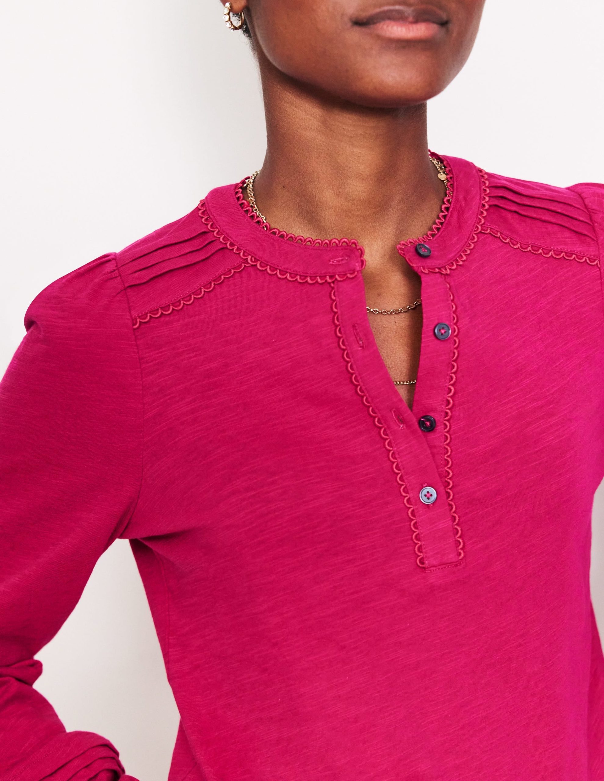 Henrietta Pintuck Henley Top-Cherry Jam - Image 3