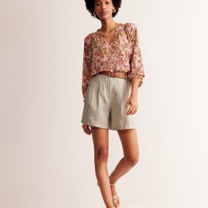 Pleated Linen Shorts-Neutral Metallic