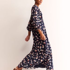 V Neck Puff Maxi Dress-French Navy. Botanical Petal