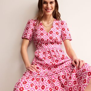 Eve Linen Midi Dress-Pink Power. Geometric Stamp