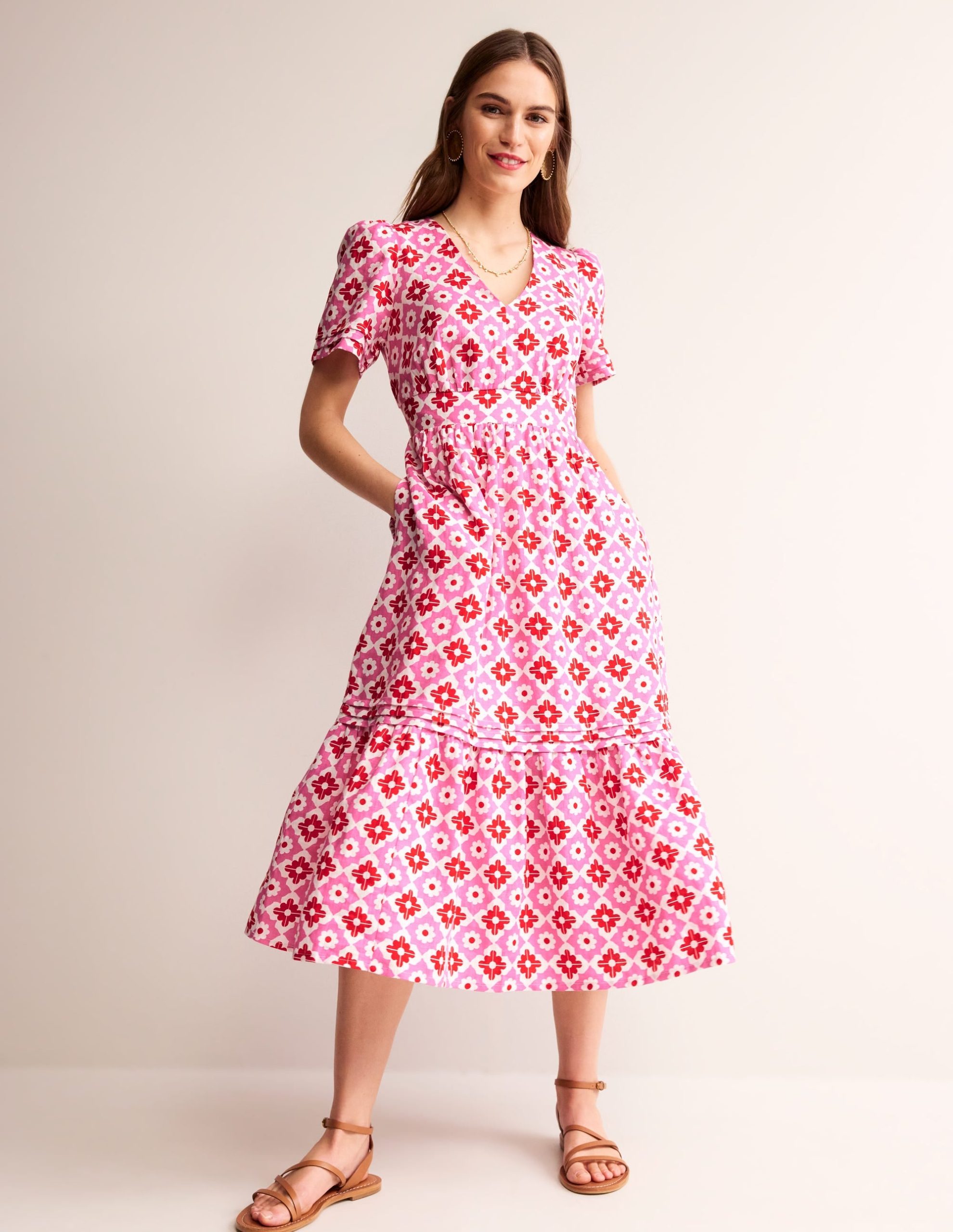 Eve Linen Midi Dress-Pink Power. Geometric Stamp - Image 2