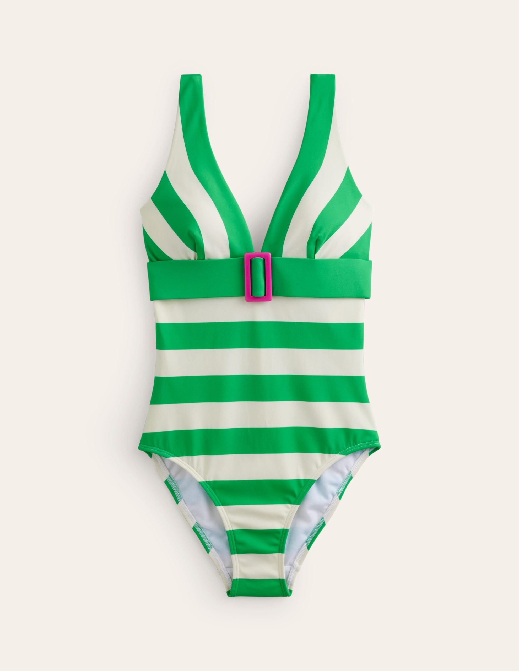 Resin Buckle V-neck Swimsuit-Green/Ivory Stripe - Image 6