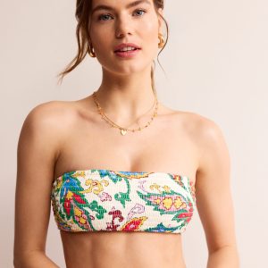 Milos Smocked  Bikini Top-Ivory. Paisley Azure