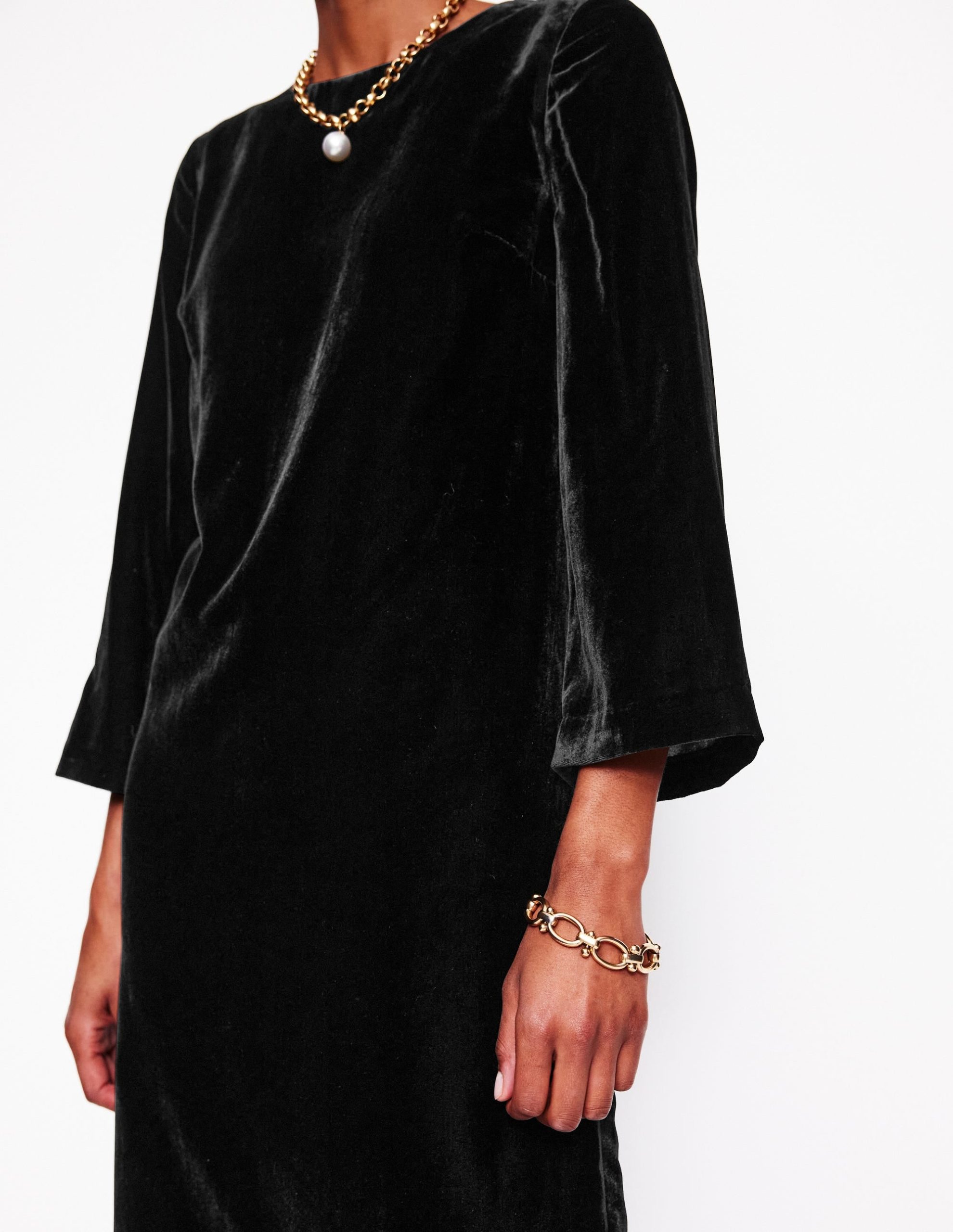 Long Sleeve Velvet Shift Dress-Black - Image 2