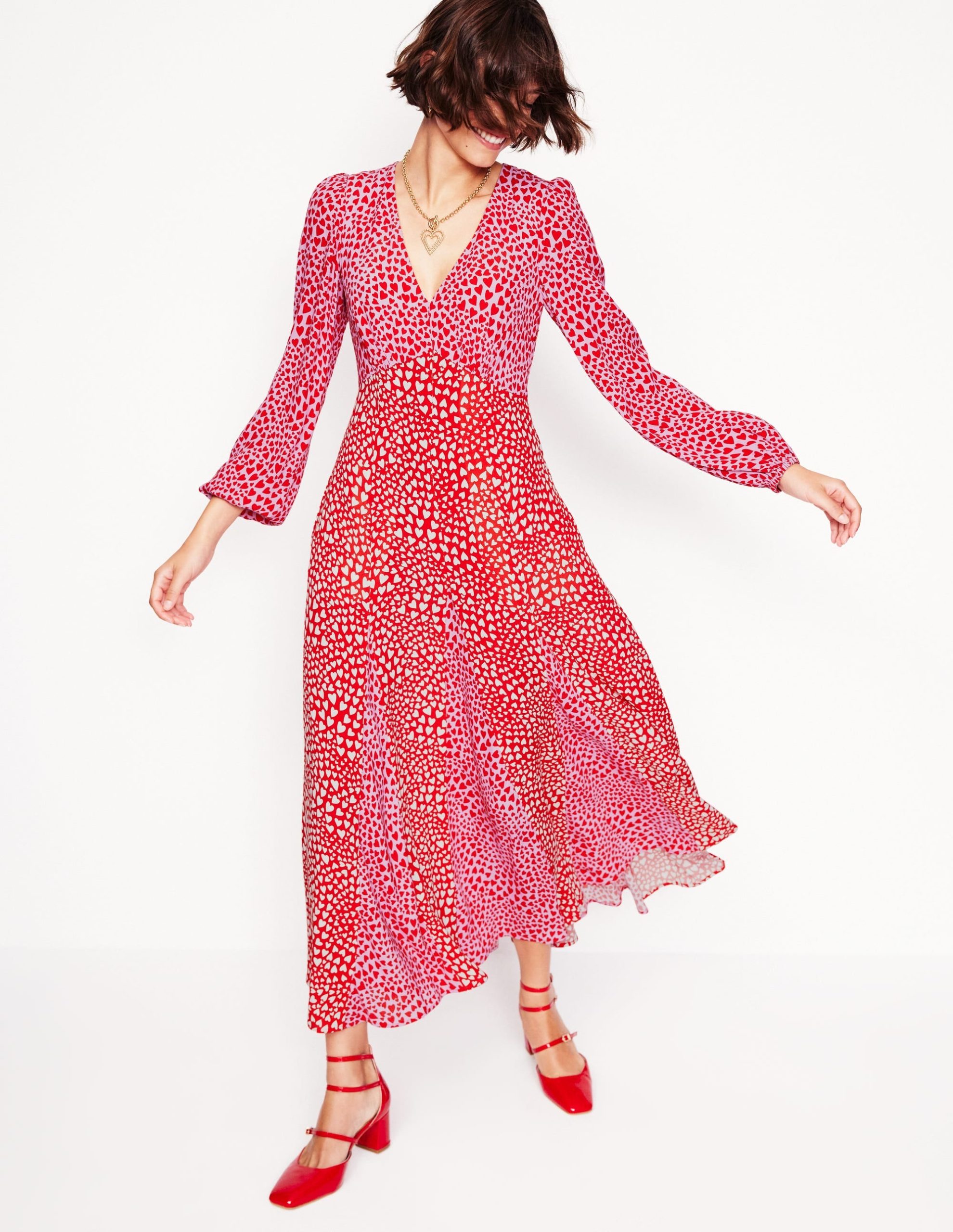 Lisa Long Sleeve Tea Dress-Pink. Heart Cluster - Image 2