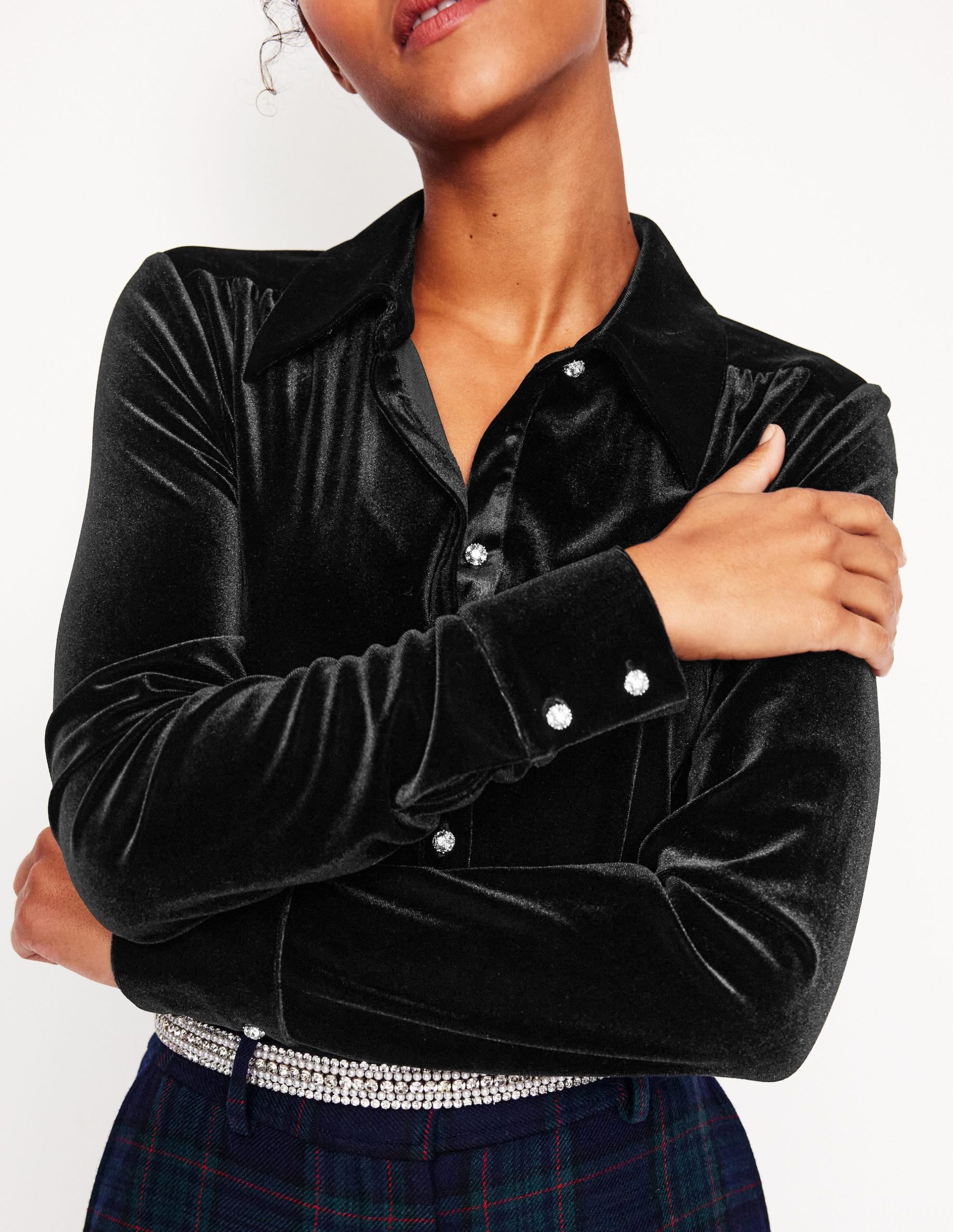 Jewel Button Velvet Shirt-Black - Image 2