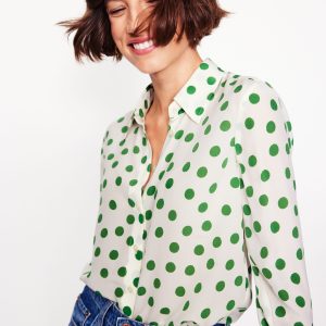 Sienna Silk Shirt-Ivory. Green Abstract Dot