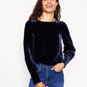 Button Back Velvet Top-Navy