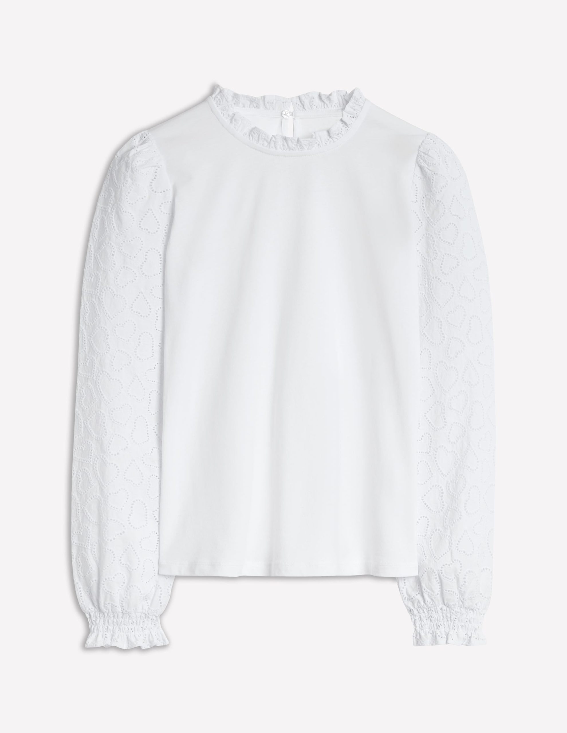 Broderie Sleeve Frill Neck Top-White - Image 5