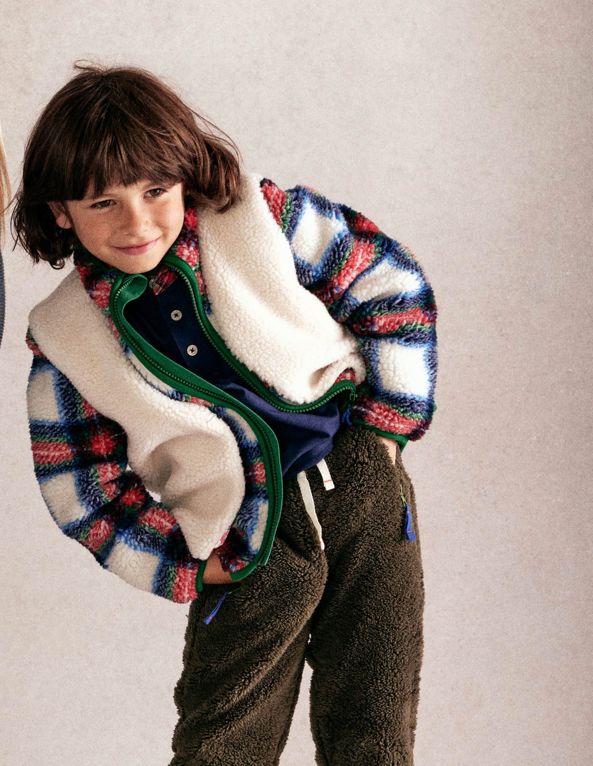 Cosy Borg Jacket-Ivory. Blue and Red Check - Image 2