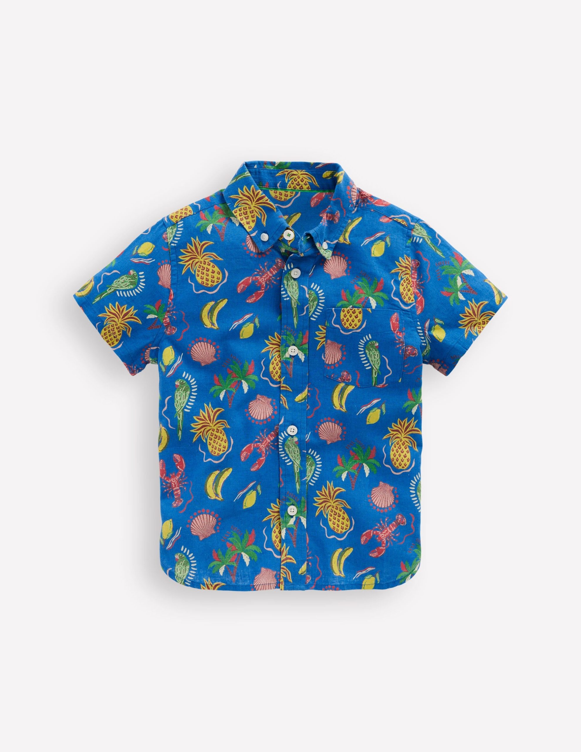 Cotton Linen Shirt-Bright Blue Tropical Print - Image 2