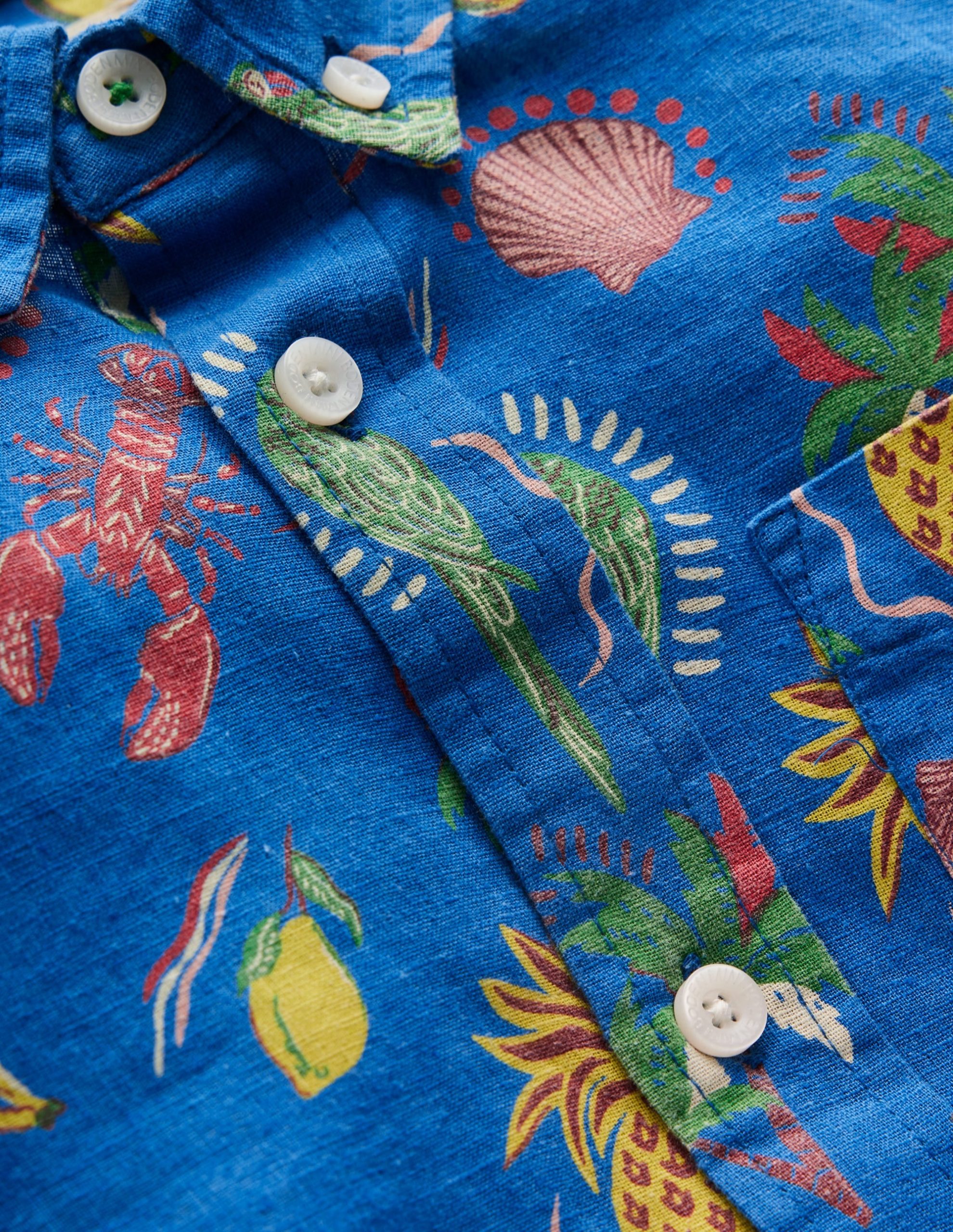Cotton Linen Shirt-Bright Blue Tropical Print - Image 4