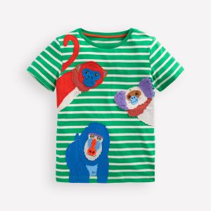 Short Sleeve Appliqu?? T-shirt-Bright Green Striped Monkeys