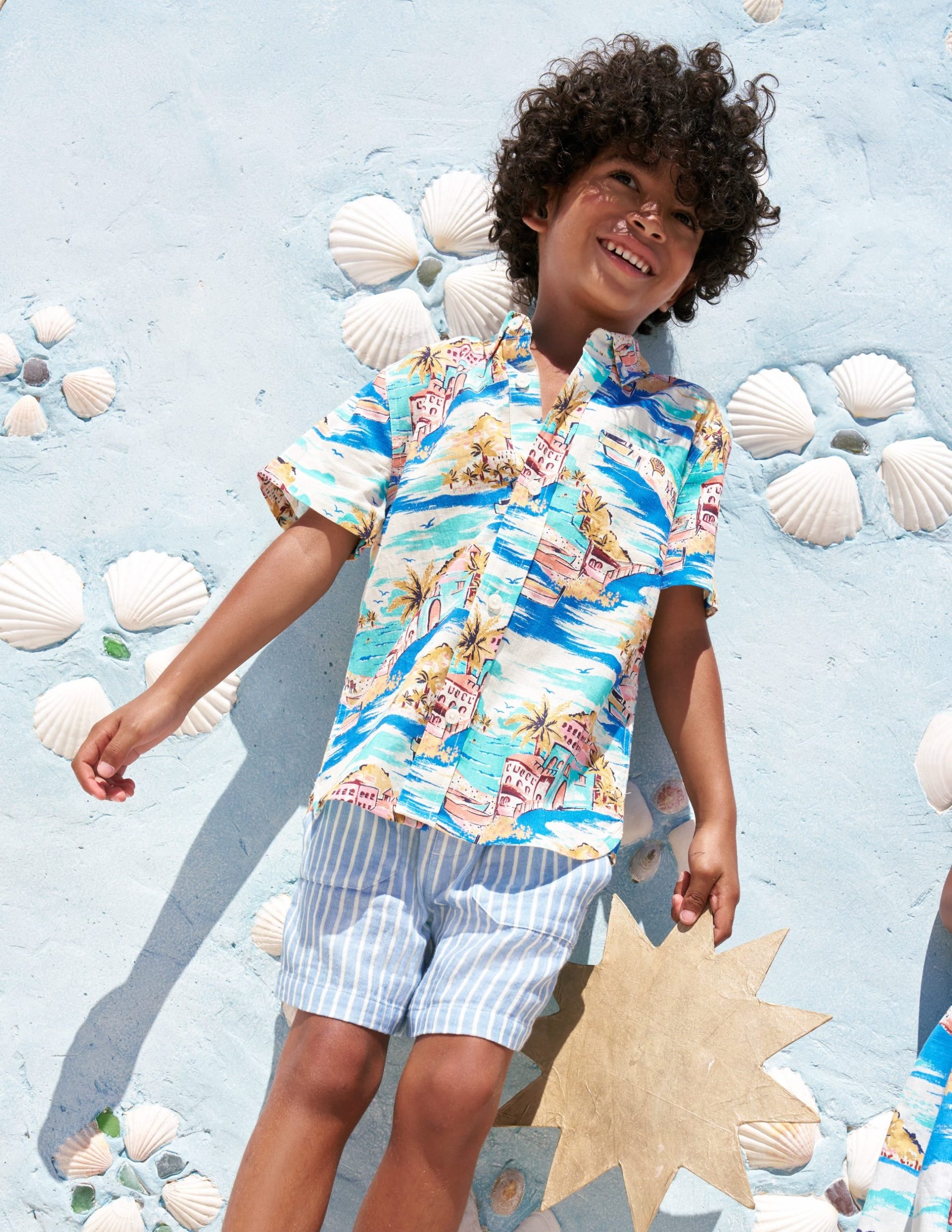 Cotton Linen Shirt-Multi Coastal Scene