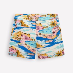 Cotton Linen Shorts-Multi Coastal Scene