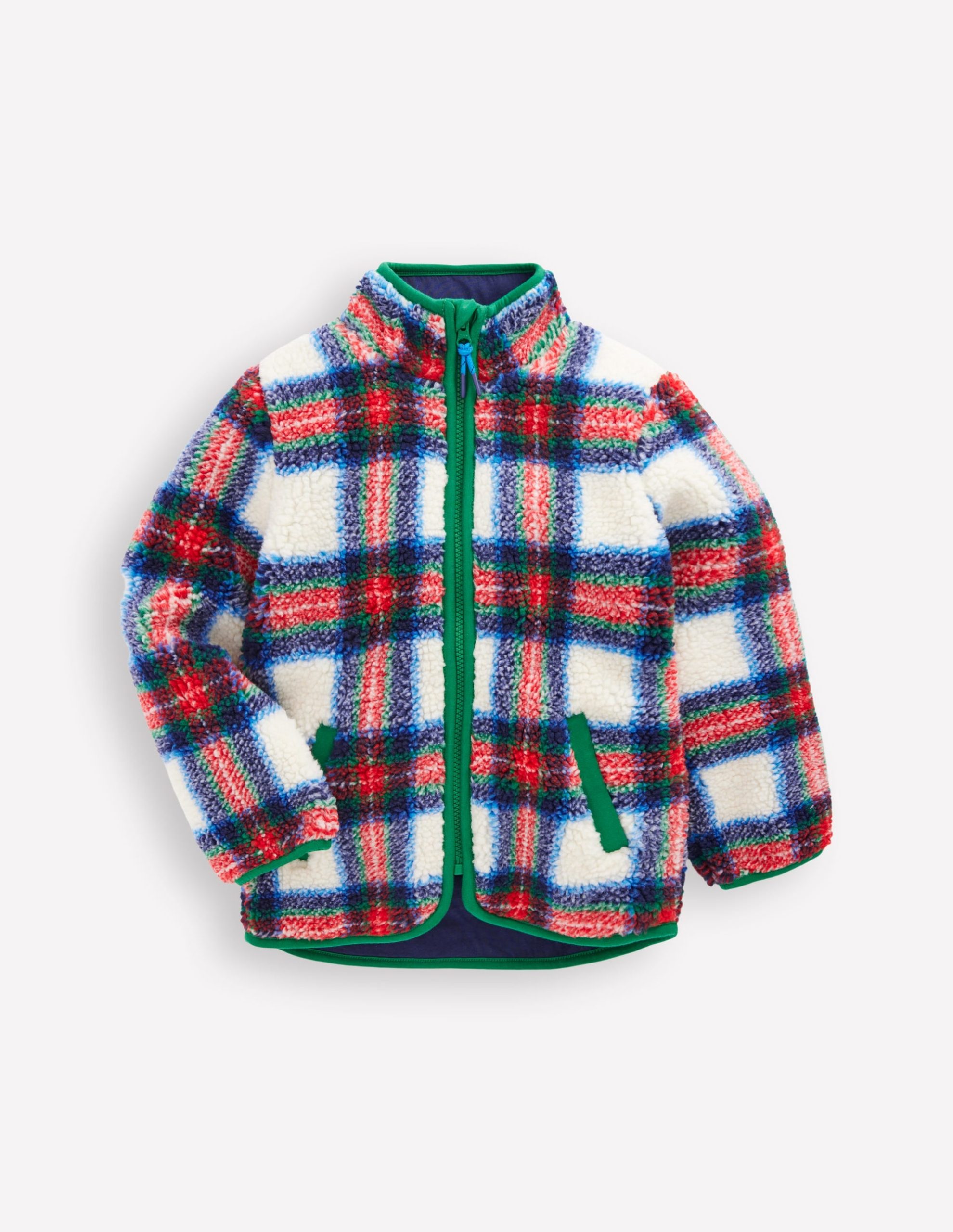 Cosy Borg Jacket-Ivory. Blue and Red Check