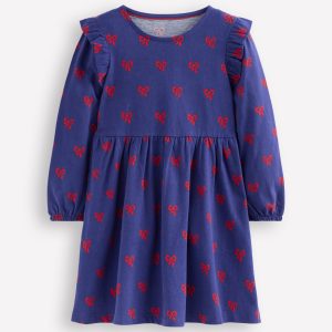 Posie Long Sleeve Jersey Dress-Starboard Blue Tiny Bows