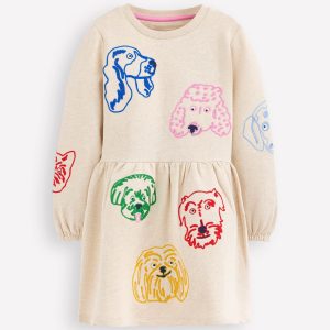 Applique Sweatshirt Dress-Oatmeal Dog faces