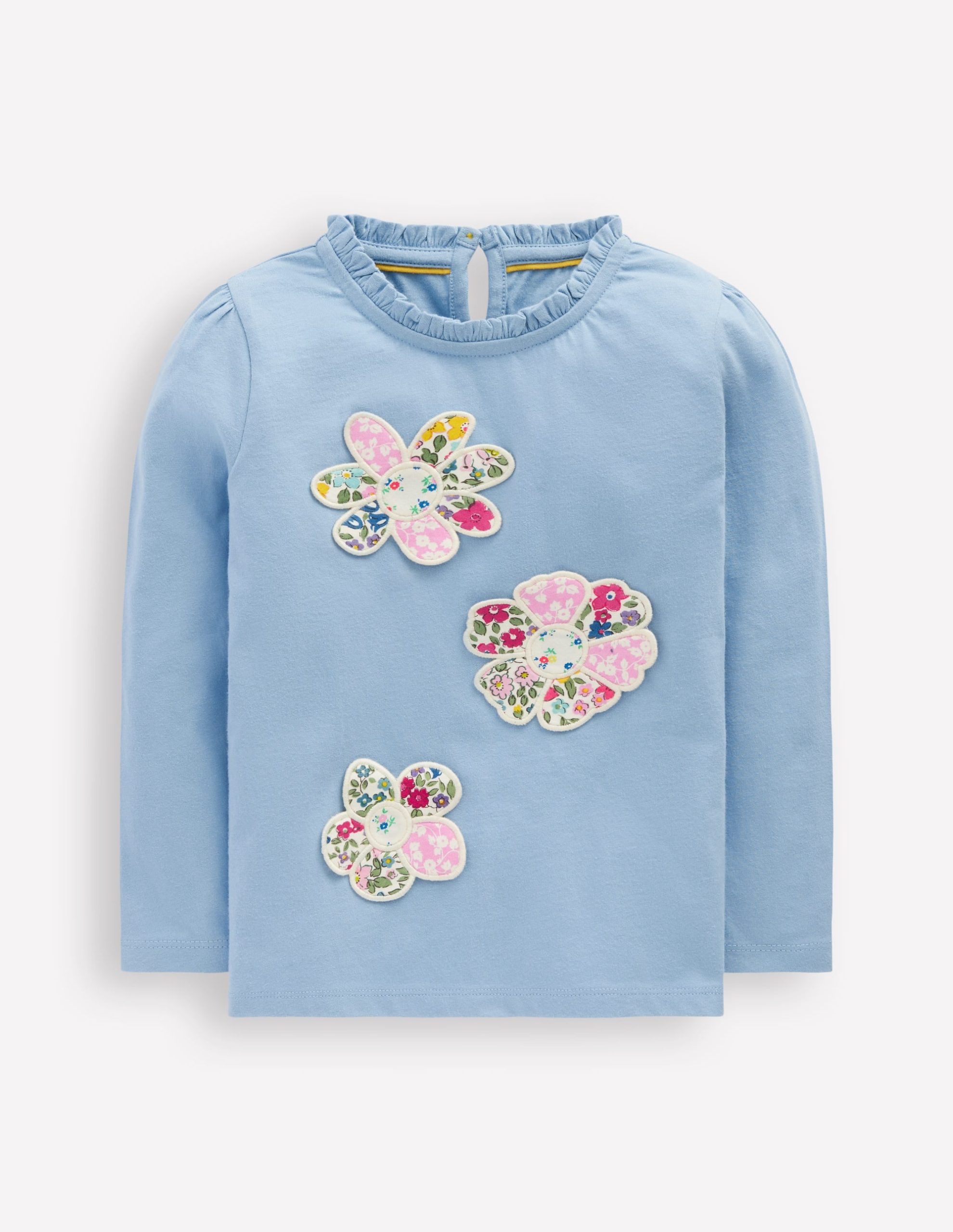 Frill Neck Appliqu?? T-shirt-Glacier Blue Flowers
