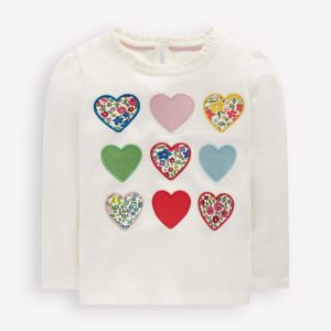 Frill Neck Appliqu?? T-shirt-Soft Ivory Hearts