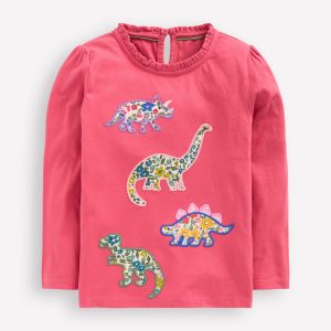 Frill Neck Appliqu?? T-shirt-Rose Pink Dinosaurs