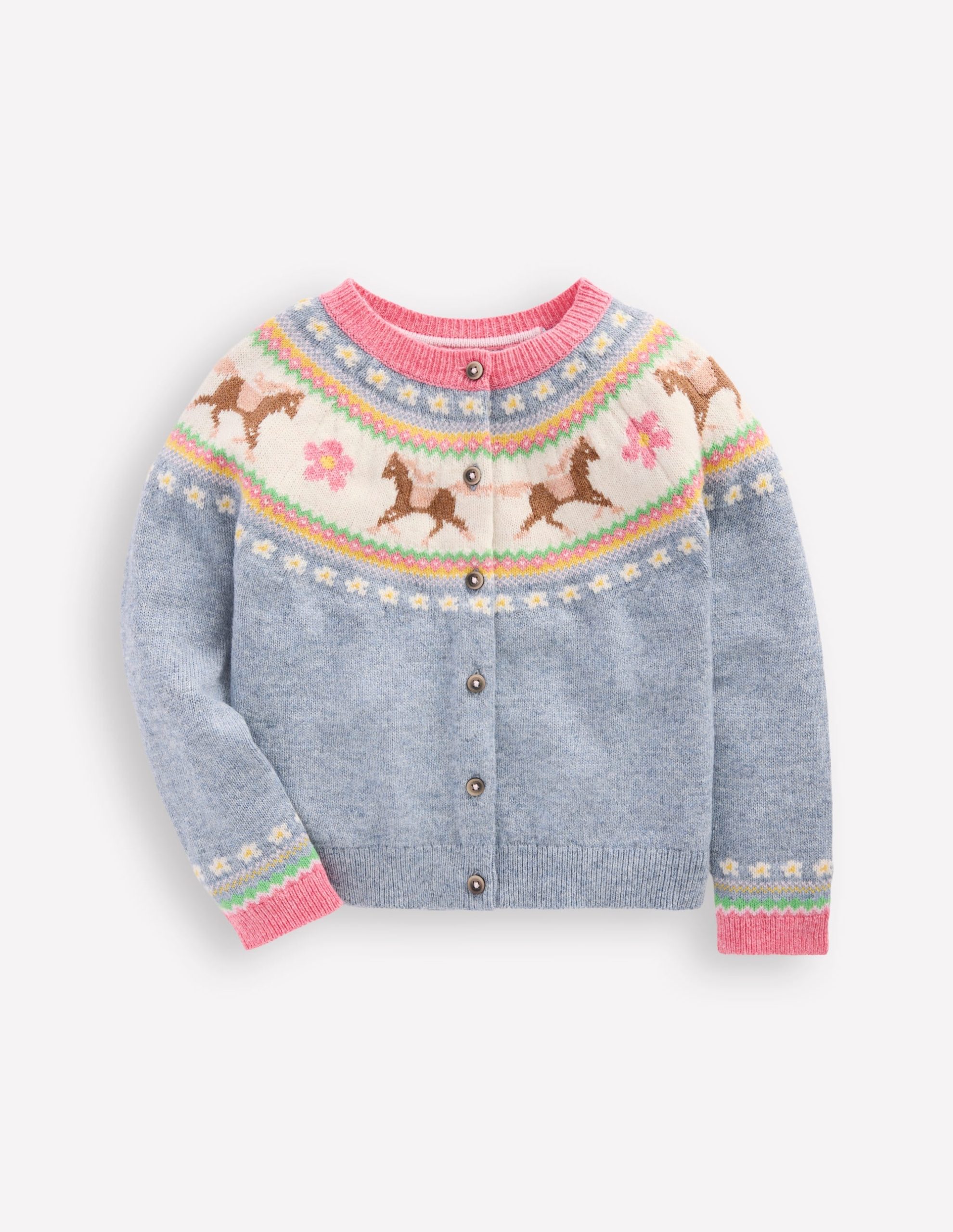 Edie Fair Isle Cardigan-Glacier Blue Marl Horses