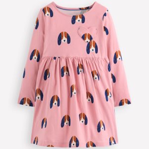 Heart Pocket Fun Jersey Dress-Vintage Pink Spaced Pups