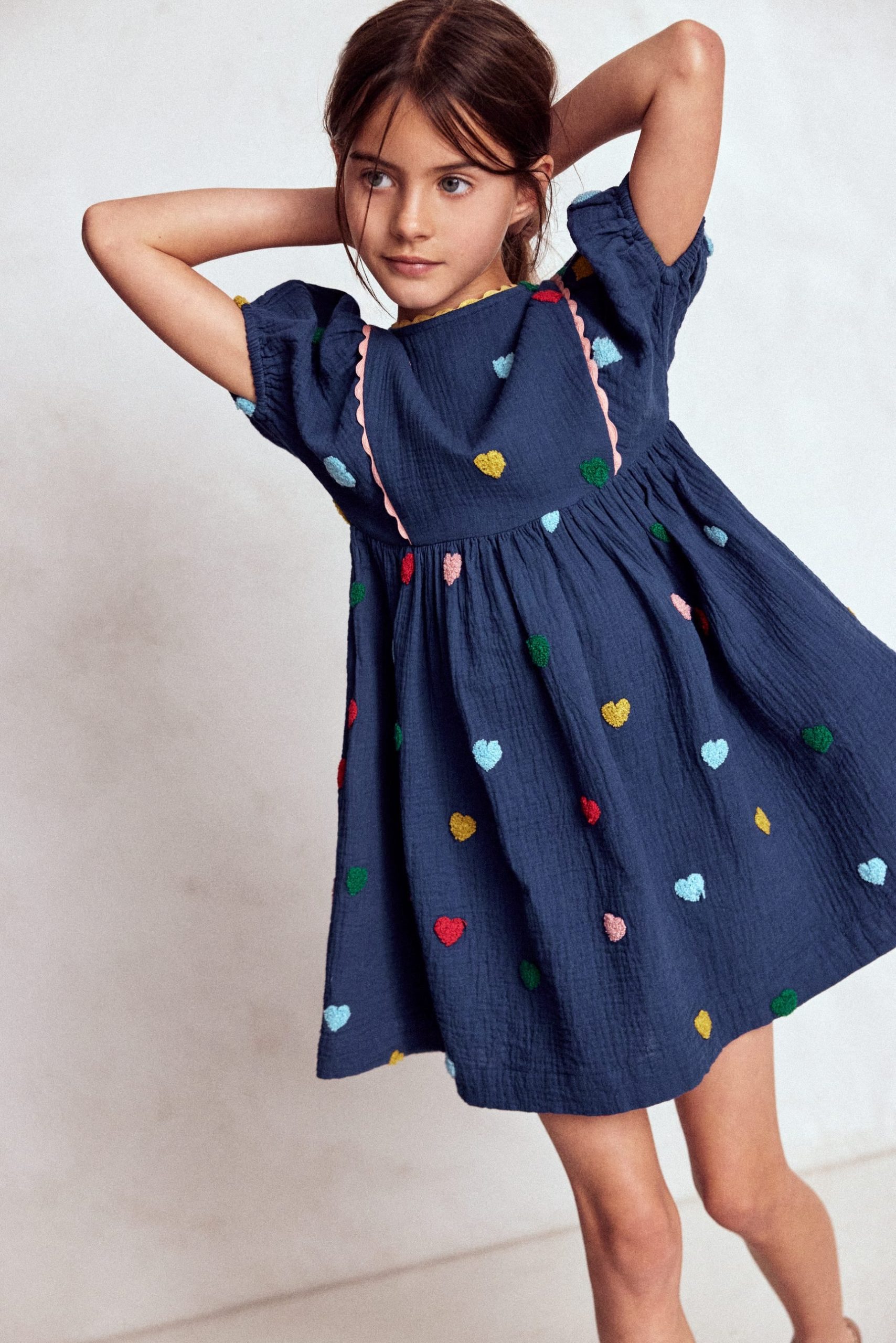 Puff Sleeve Double Cloth Dress-Starboard Blue Hearts - Image 2