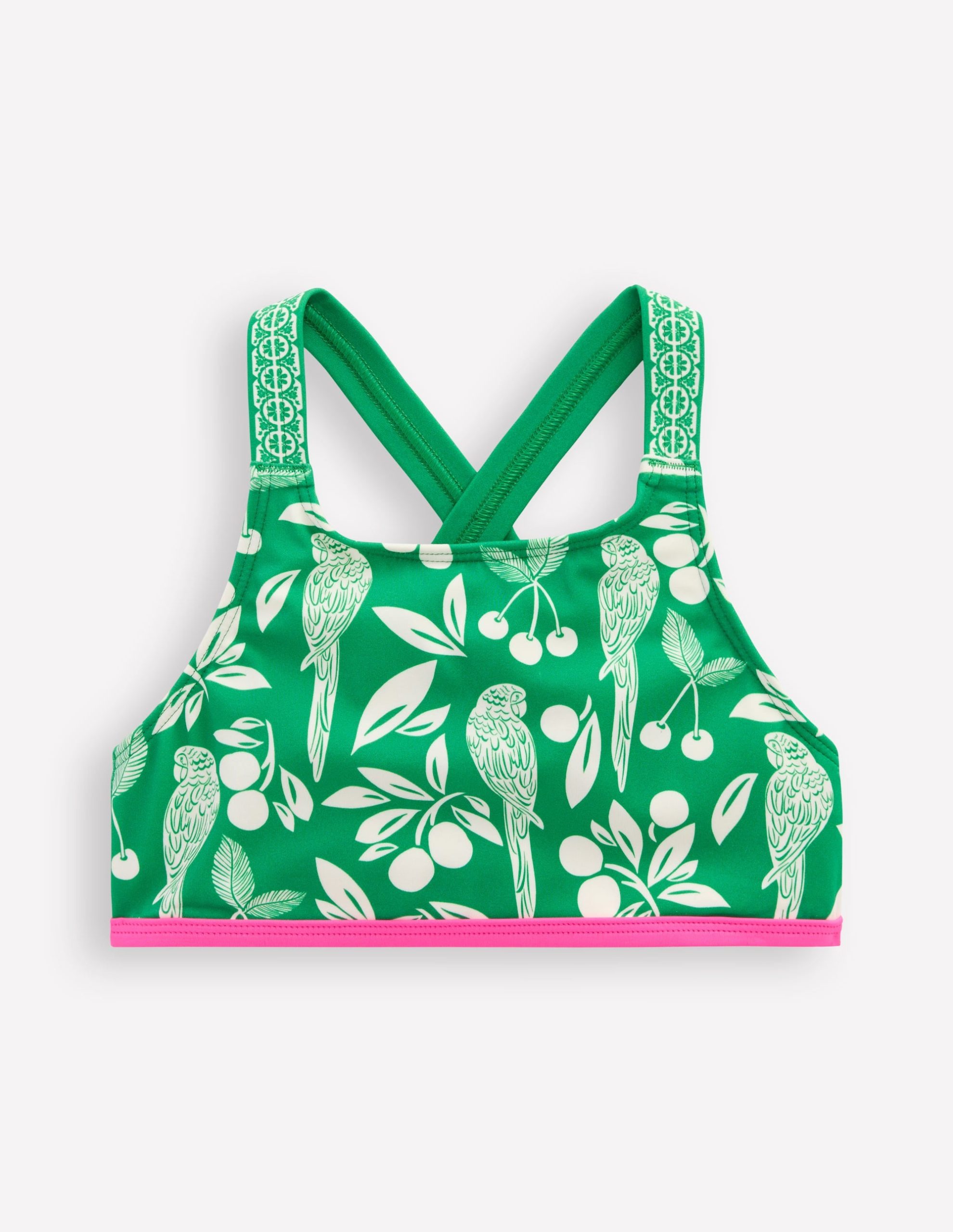 Cross-back Bikini Top-Rich Emerald Parrot Palm