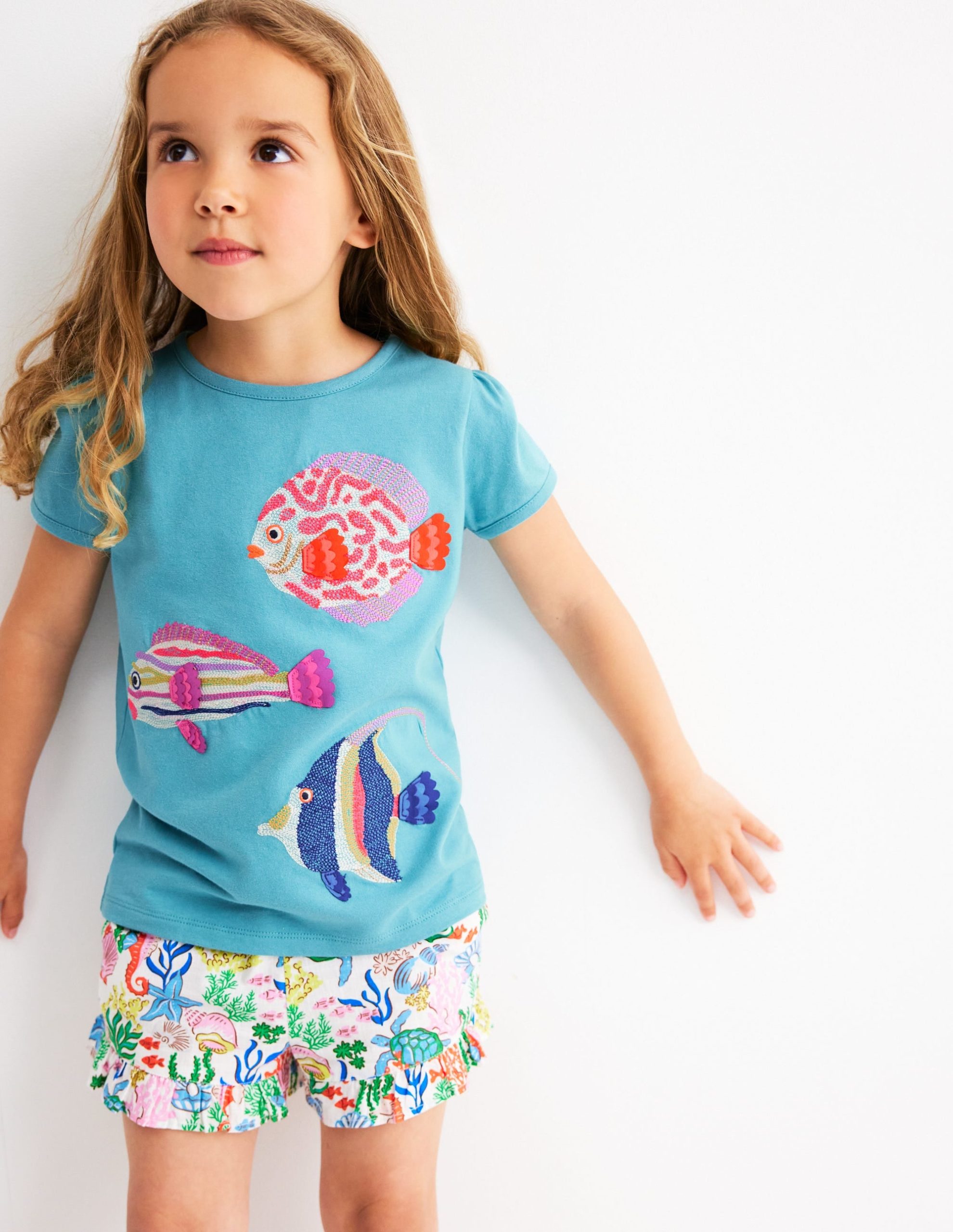 Puff Sleeve Superstitch Top-Aqua Sea Blue Fish - Image 2