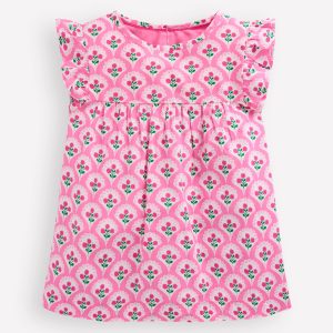 Frill Sleeve Woven Top-Pink Rose Woodblock Floral