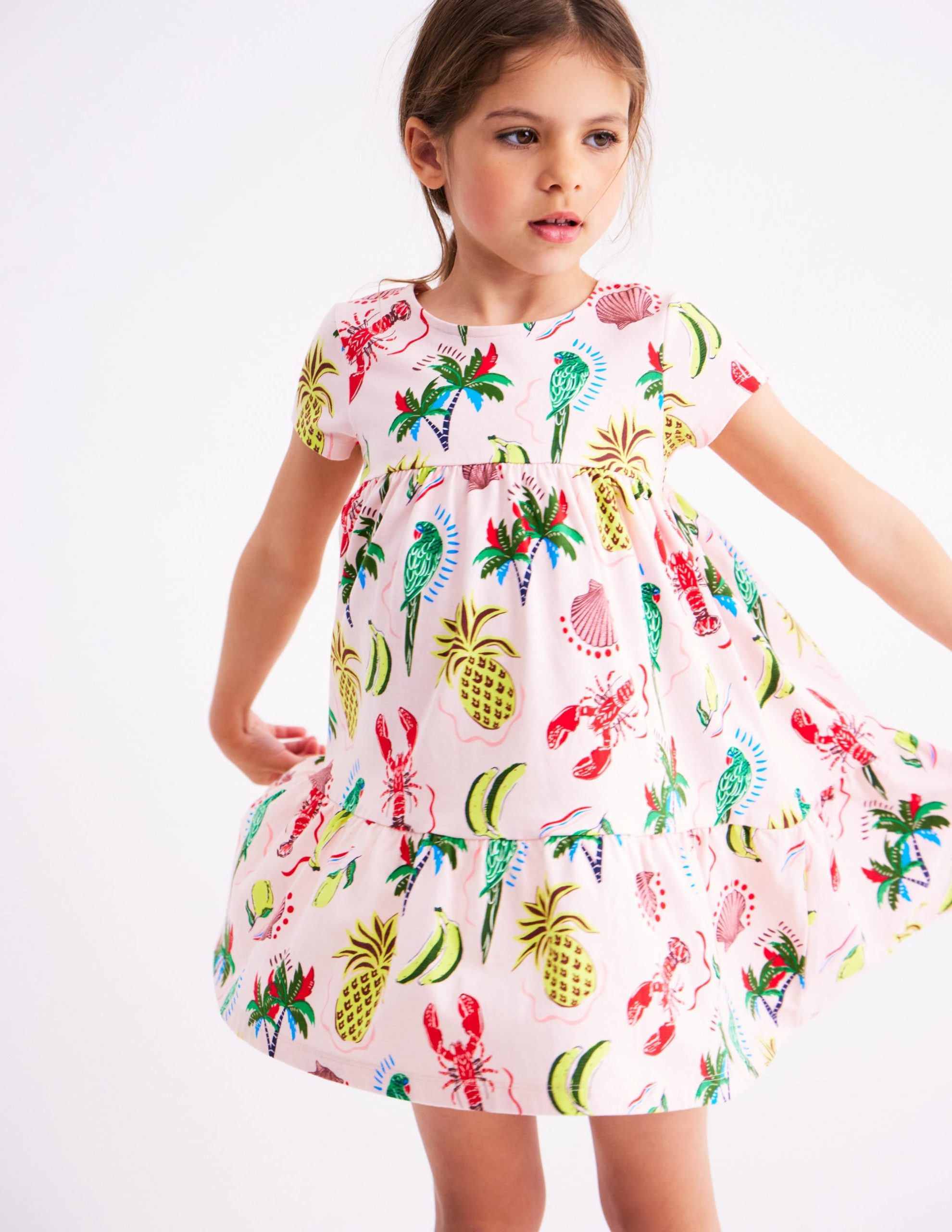 Ariel Twirly Jersey Dress-Chalk Pink Tropical Print