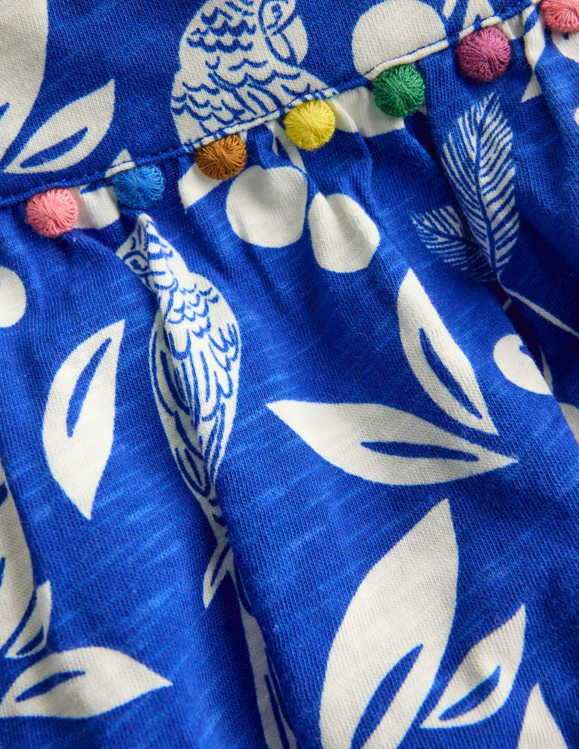 Ciara Pom Trim Jersey Romper-Bright Blue Parrot Palm - Image 8