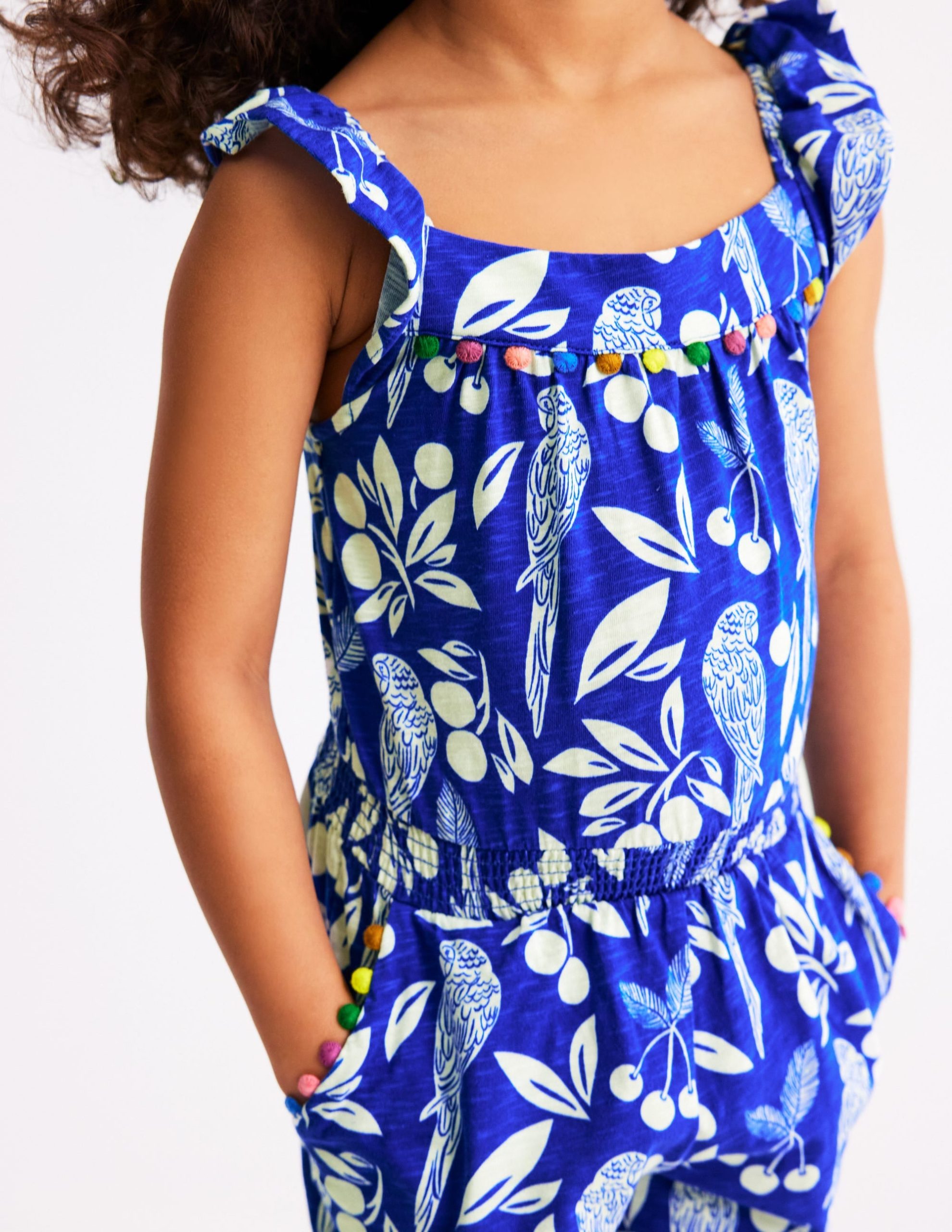 Ciara Pom Trim Jersey Romper-Bright Blue Parrot Palm - Image 2