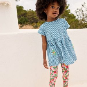 Short-sleeved woven tunic-Ticking Blue Embroidery