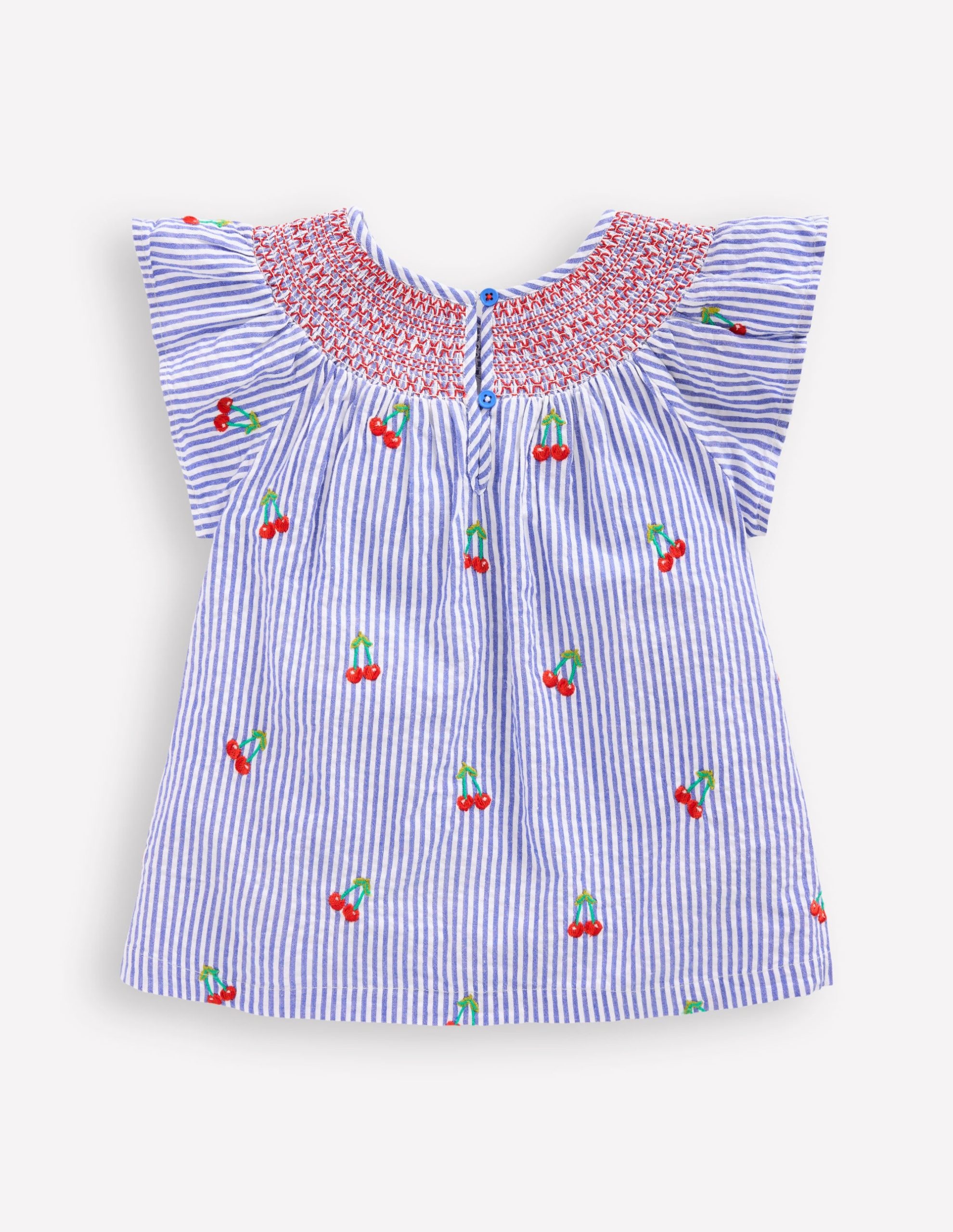 Woven Smocked Top-Blue Ticking Cherries - Image 2