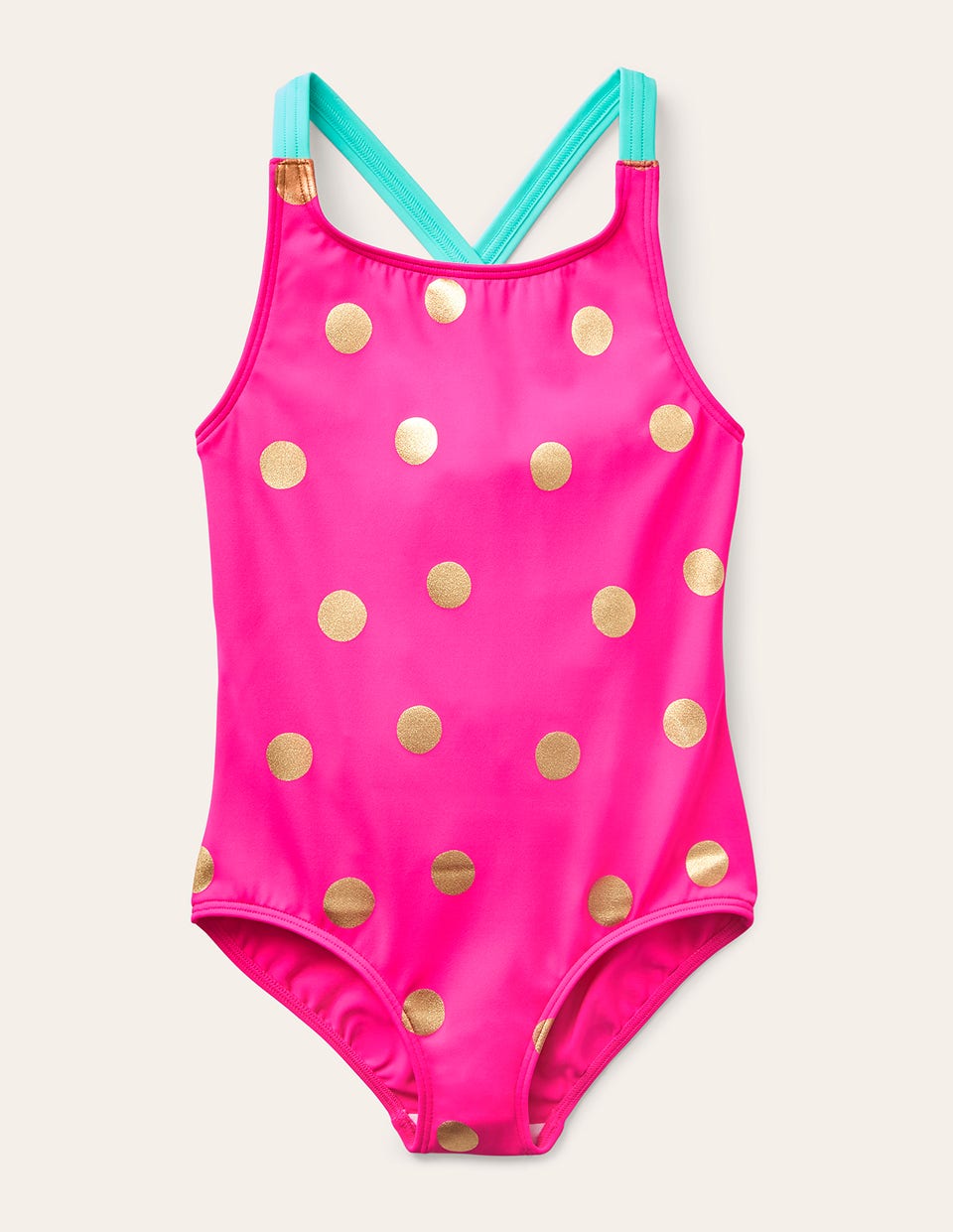 Cross-back Printed Swimsuit-Fuchsia Pink. Gold Foil Spot