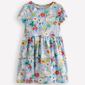 Heart Pocket Fun Jersey Dress-Misty Blue Spring Meadow