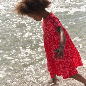 Ariel Twirly Towelling Dress-Poppy Red Parrot Palm