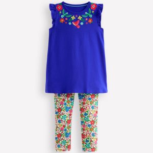 Frill Sleeve Tunic Set-Bright Blue Embroidery