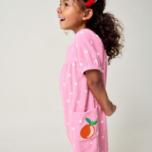 Towelling Playsuit-Pink Embroidered Fruit