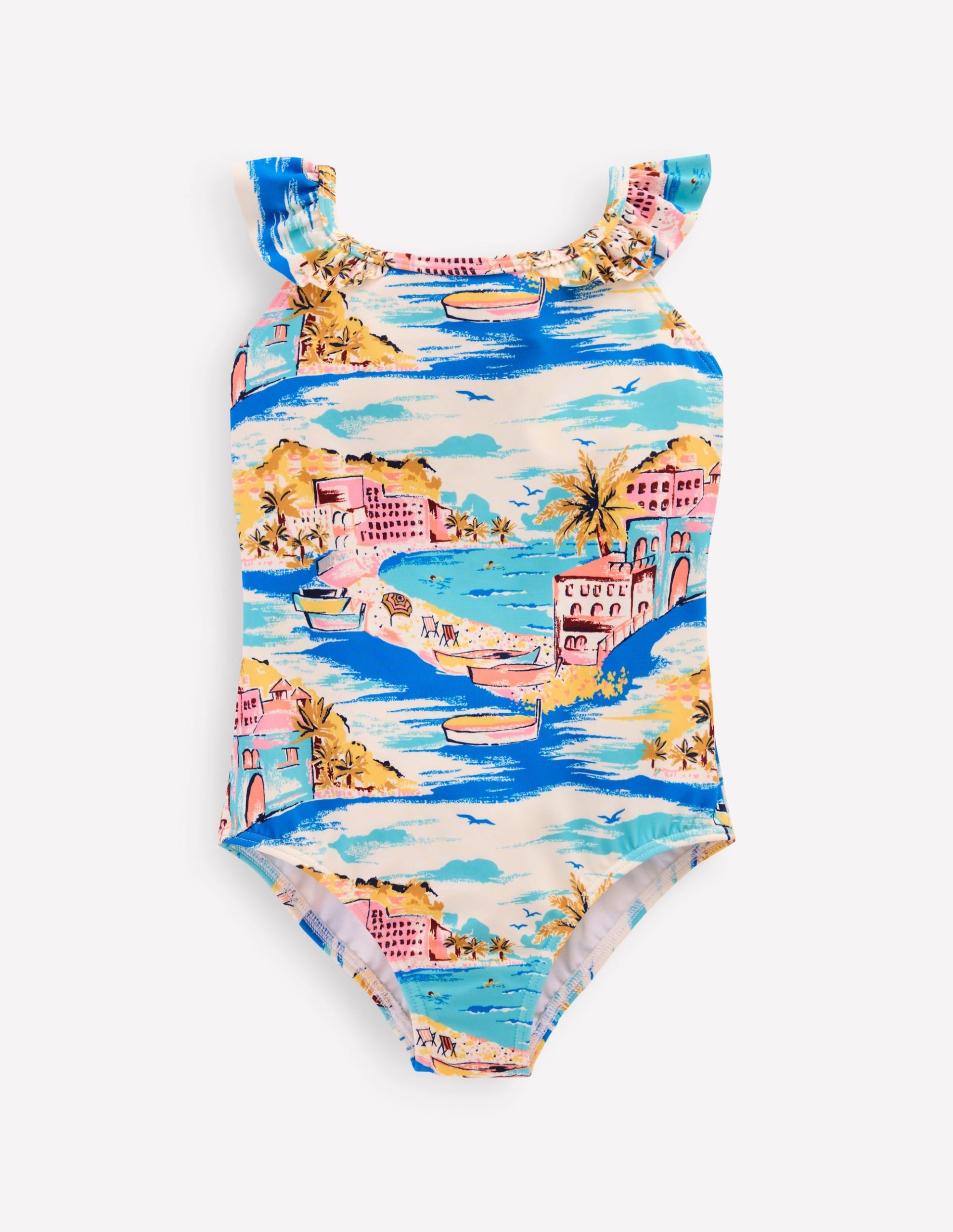 Hallie Frill Strap Swimsuit-Multi Coastal Scene