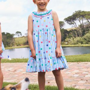 Ruffle Neck Woven Dress-Peacock Plume Blue Spot