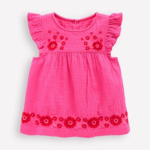 Double Cloth Frill Sleeve Top-Sorbet Pink Embroidered