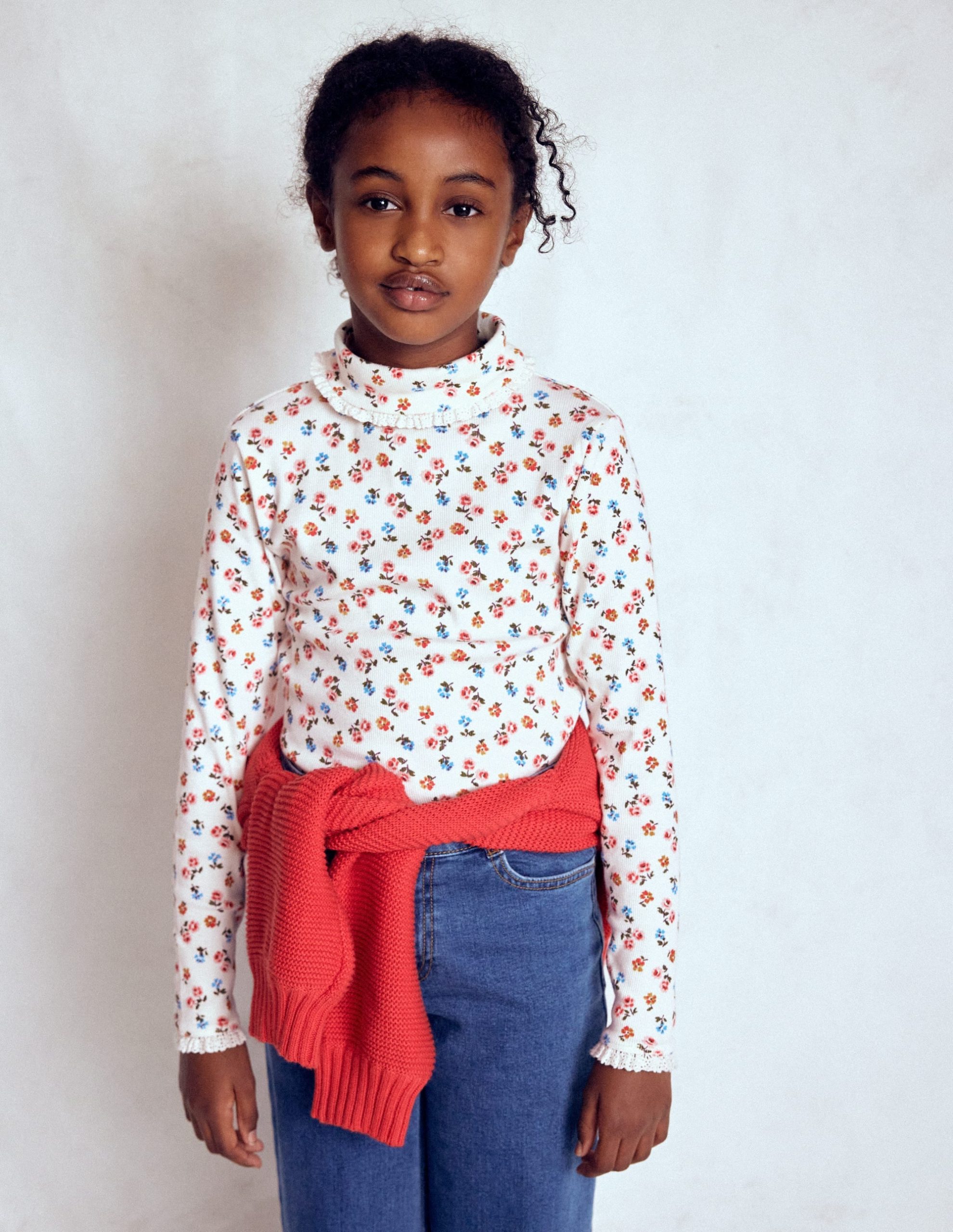 Ribbed Roll Neck Top-Soft Ivory Rose Sprig - Image 2