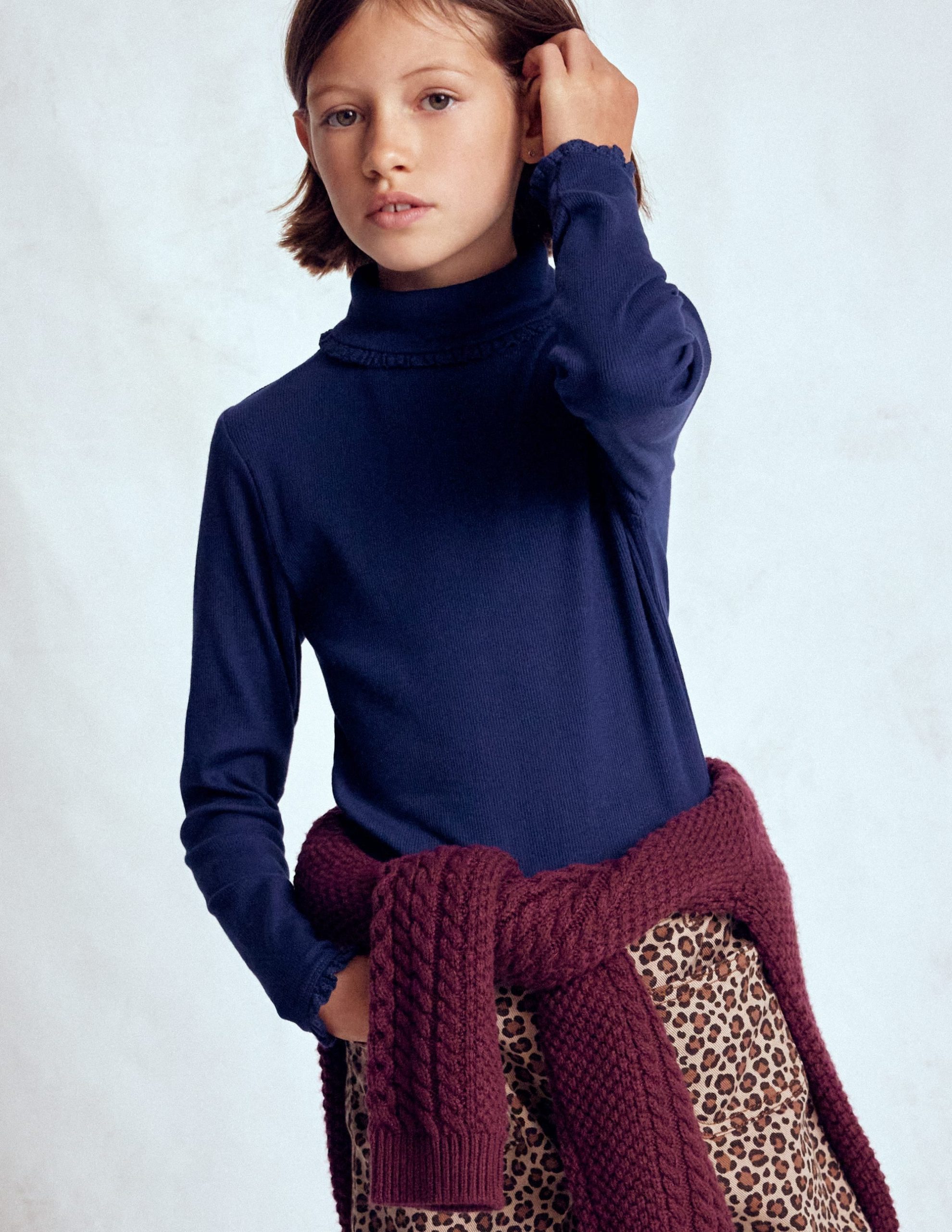 Ribbed Roll Neck Top-College Navy