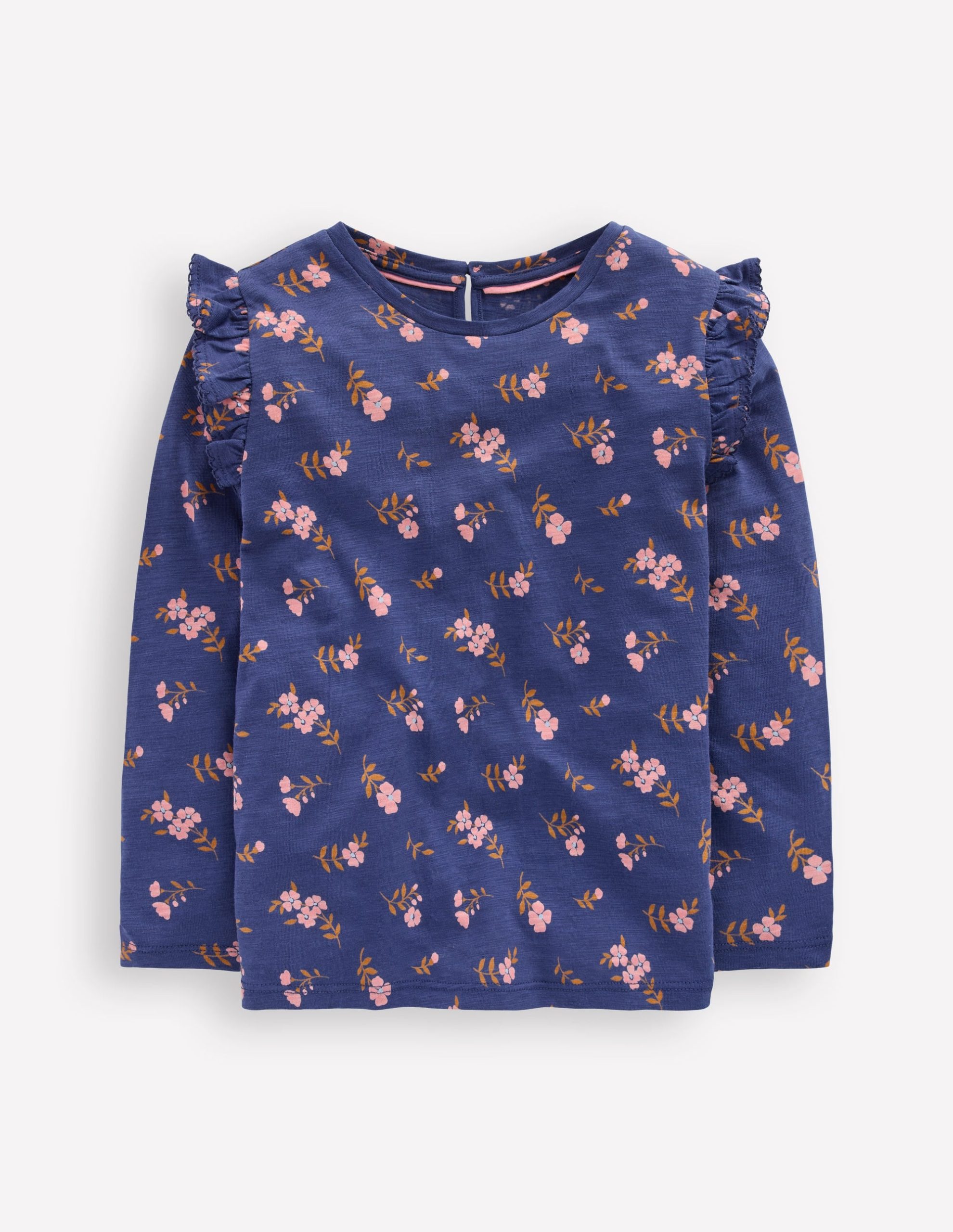 Frill Sleeve Slub Top-Starboard Blue Floral